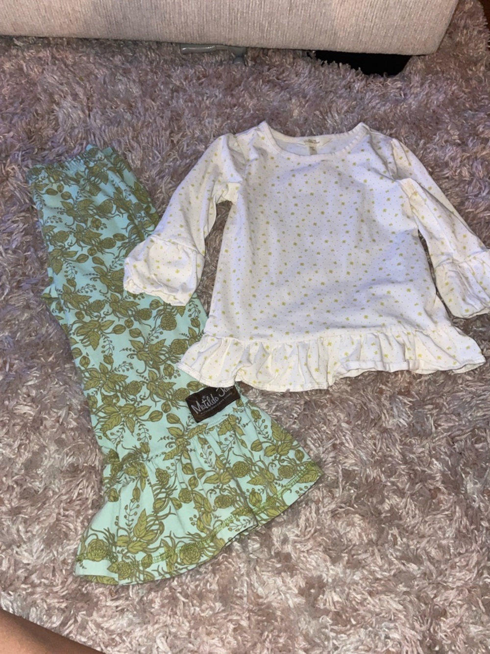 Matilda Jane White Top with Mint & Gold Floral Bell-Bottom Pajama Set